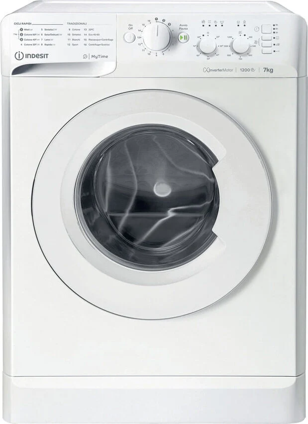 Indesit MTWC 71296 W IT Lavatrice A Libera Installazione 7 Kg, 1200 Giri, Motore Inverter, Blocco Tasti, Partenza Ritardata, Classe A, Bianco