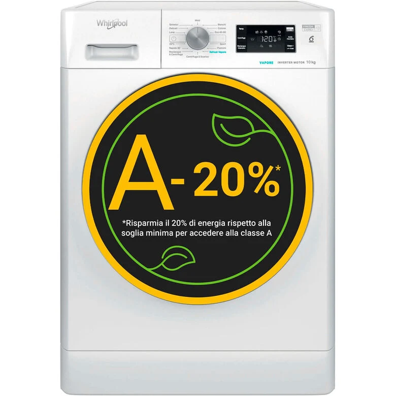 Whirlpool FFB 1048 BSV IT Lavatrice A Libera Installazione 10 Kg, 1400 Giri, Tecnologia 6° Senso, Classe A, Bianco