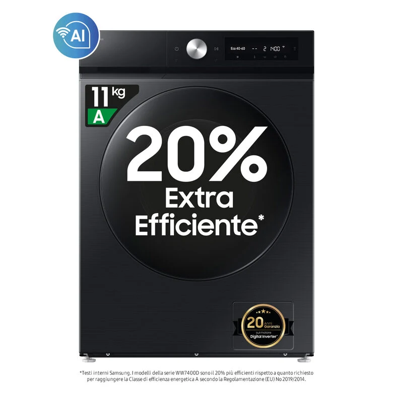 Samsung WW11DB7B94GBU3 Lavatrice A Libera Installazione 11 Kg, 1400 Giri, AI Control, AI Ecobubble™, AI Energy Mode, AI Wash, Classe A, Nero